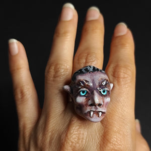 Gothic Glow Ring – Handmade Clay & Resin Statement Jewelry, Dark Surreal Wearable Art with Adjustable Stainless Steel Band OOAK
