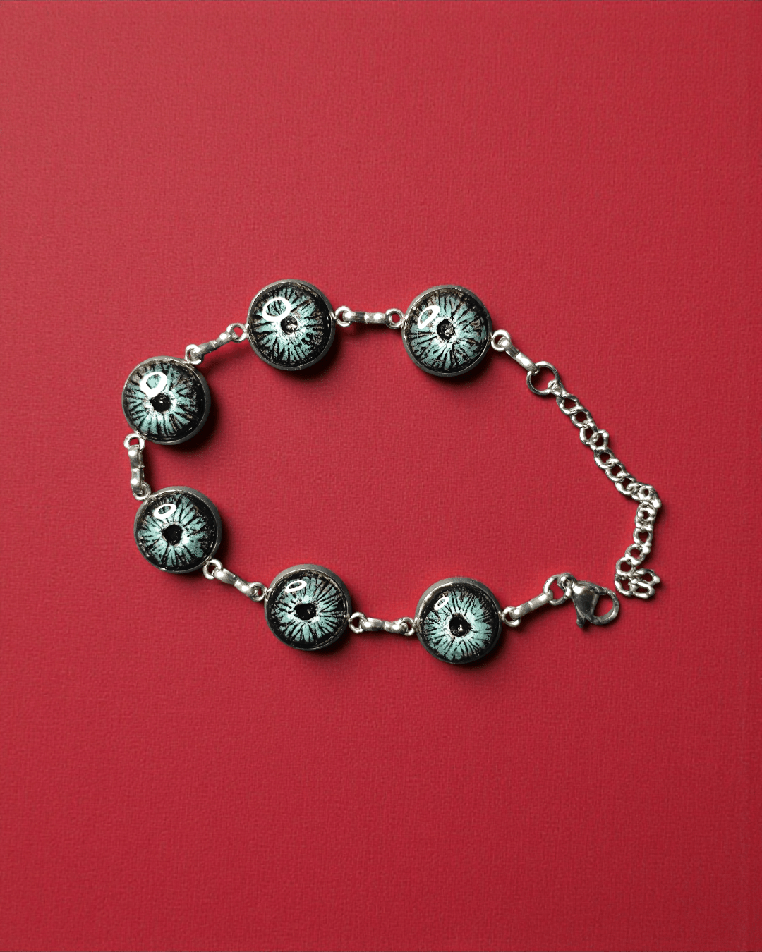 Green Multi - Eyes Bracelet – Handmade Clay & Resin Surreal Statement Jewelry, Sculptural Fantasy Wearable Art with Stainless Steel Chain - SAMA