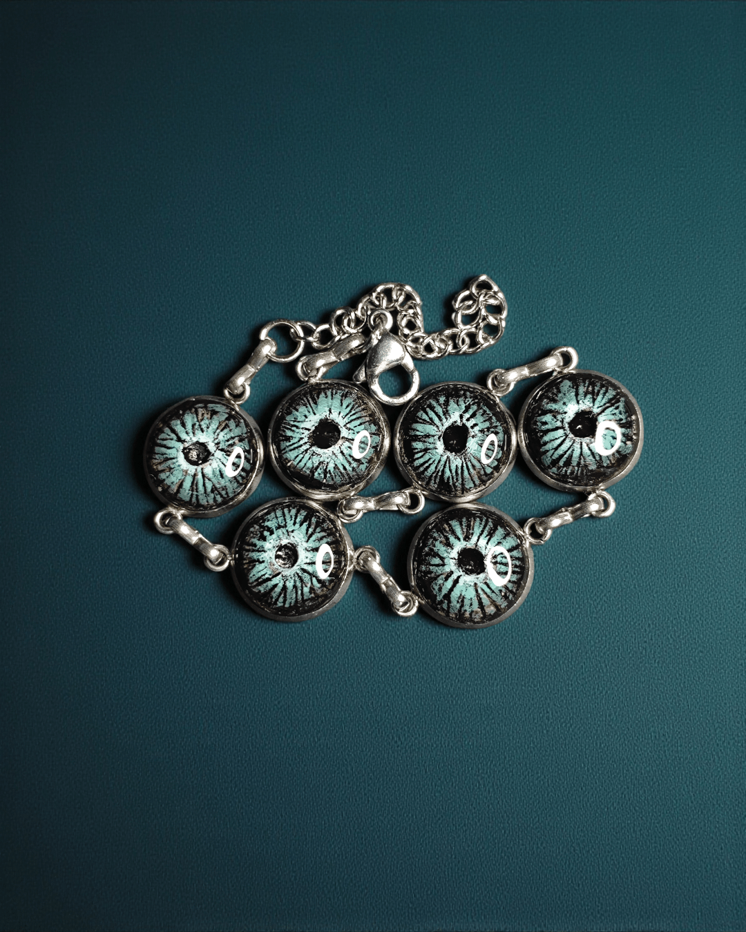 Green Multi - Eyes Bracelet – Handmade Clay & Resin Surreal Statement Jewelry, Sculptural Fantasy Wearable Art with Stainless Steel Chain - SAMA