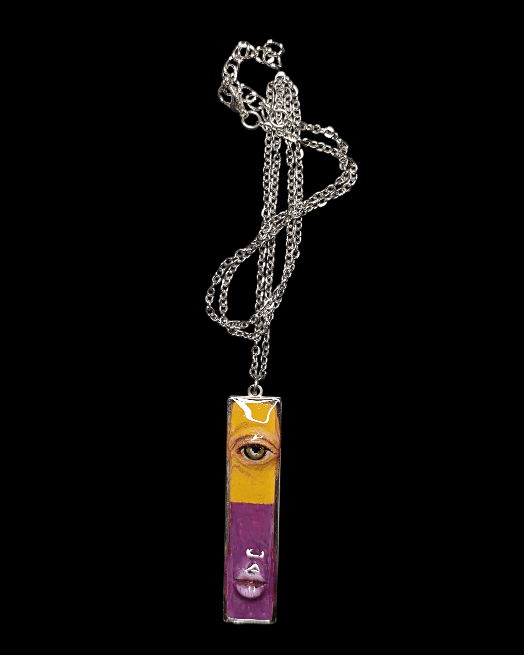 Half Yellow Half Purple One - Eye Necklace – Handmade Clay & Resin Surreal Statement Jewelry, Sculptural Fantasy Wearable Art with Stainless Steel Chain / Pendant - SAMA