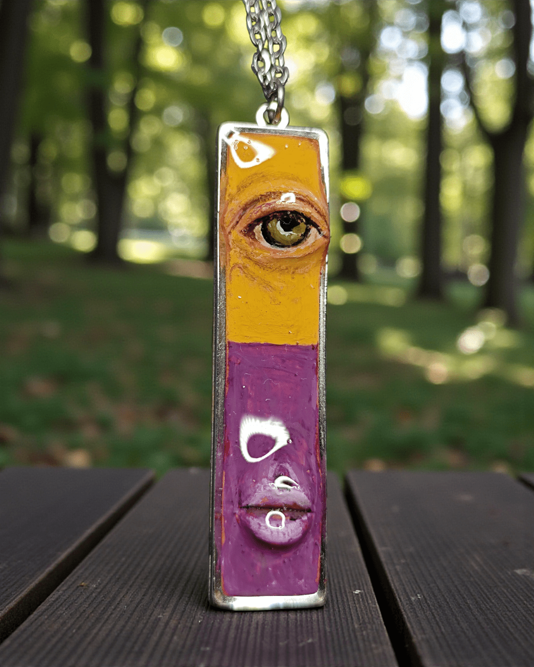 Half Yellow Half Purple One - Eye Necklace – Handmade Clay & Resin Surreal Statement Jewelry, Sculptural Fantasy Wearable Art with Stainless Steel Chain / Pendant - SAMA