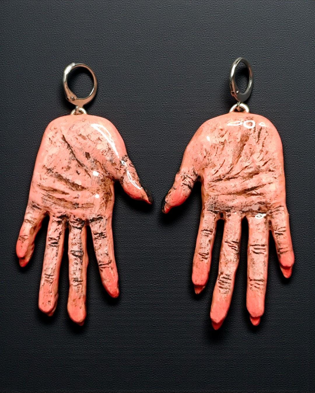 Hands Earrings – Handmade Clay & Resin Surreal Statement Jewelry, Sculptural Wearable Art with Stainless Steel Hooks - OOAK