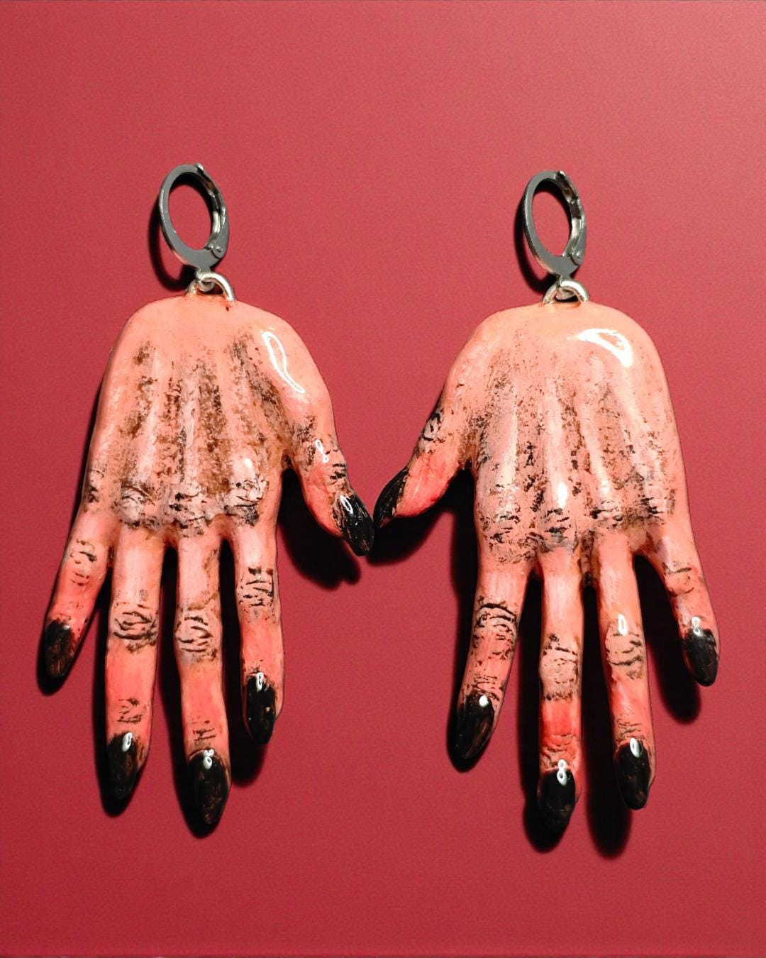 Hands Earrings – Handmade Clay & Resin Surreal Statement Jewelry, Sculptural Wearable Art with Stainless Steel Hooks - OOAK