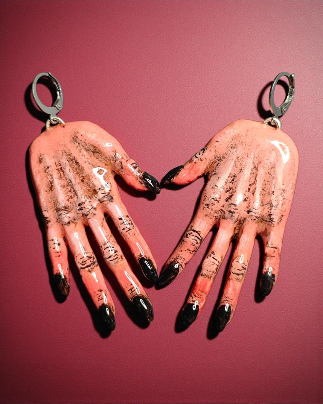 Hands Earrings – Handmade Clay & Resin Surreal Statement Jewelry, Sculptural Wearable Art with Stainless Steel Hooks - OOAK