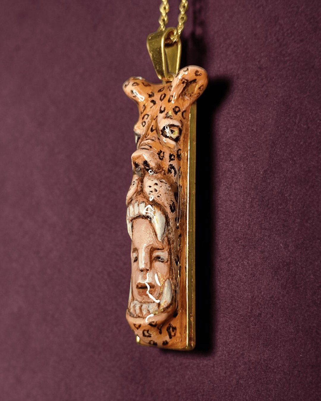 Head in Jaguar Mouth Necklace – Handmade Clay & Resin Surreal Statement Jewelry, Sculptural Fantasy Wearable Art with Stainless Steel Chain / Pendant - SAMA