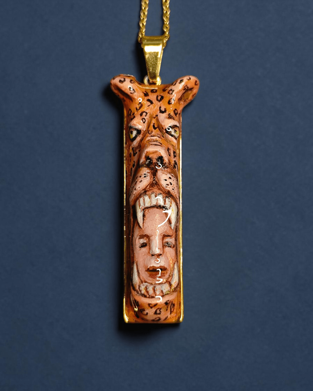 Head in Jaguar Mouth Necklace – Handmade Clay & Resin Surreal Statement Jewelry, Sculptural Fantasy Wearable Art with Stainless Steel Chain / Pendant - SAMA