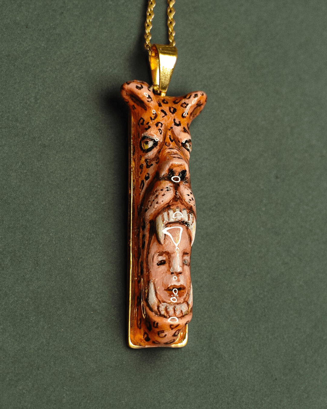 Head in Jaguar Mouth Necklace – Handmade Clay & Resin Surreal Statement Jewelry, Sculptural Fantasy Wearable Art with Stainless Steel Chain / Pendant - SAMA