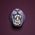 Head in Purple Tiger’s Mouth Pin Button – Handmade Clay & Resin Surreal Wearable Art with Stainless Steel Pin Back - SAMA