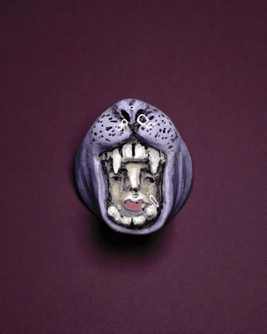 Head in Purple Tiger’s Mouth Pin Button – Handmade Clay & Resin Surreal Wearable Art with Stainless Steel Pin Back - SAMA