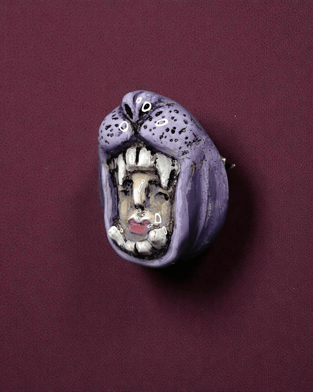 Head in Purple Tiger’s Mouth Pin Button – Handmade Clay & Resin Surreal Wearable Art with Stainless Steel Pin Back - SAMA