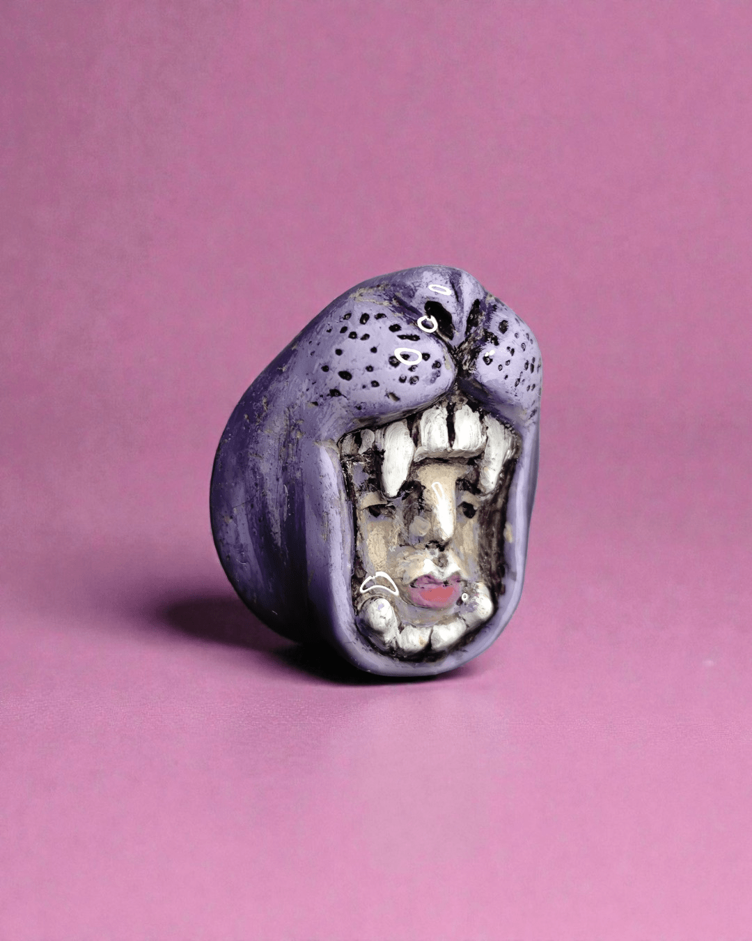 Head in Purple Tiger’s Mouth Pin Button – Handmade Clay & Resin Surreal Wearable Art with Stainless Steel Pin Back - SAMA