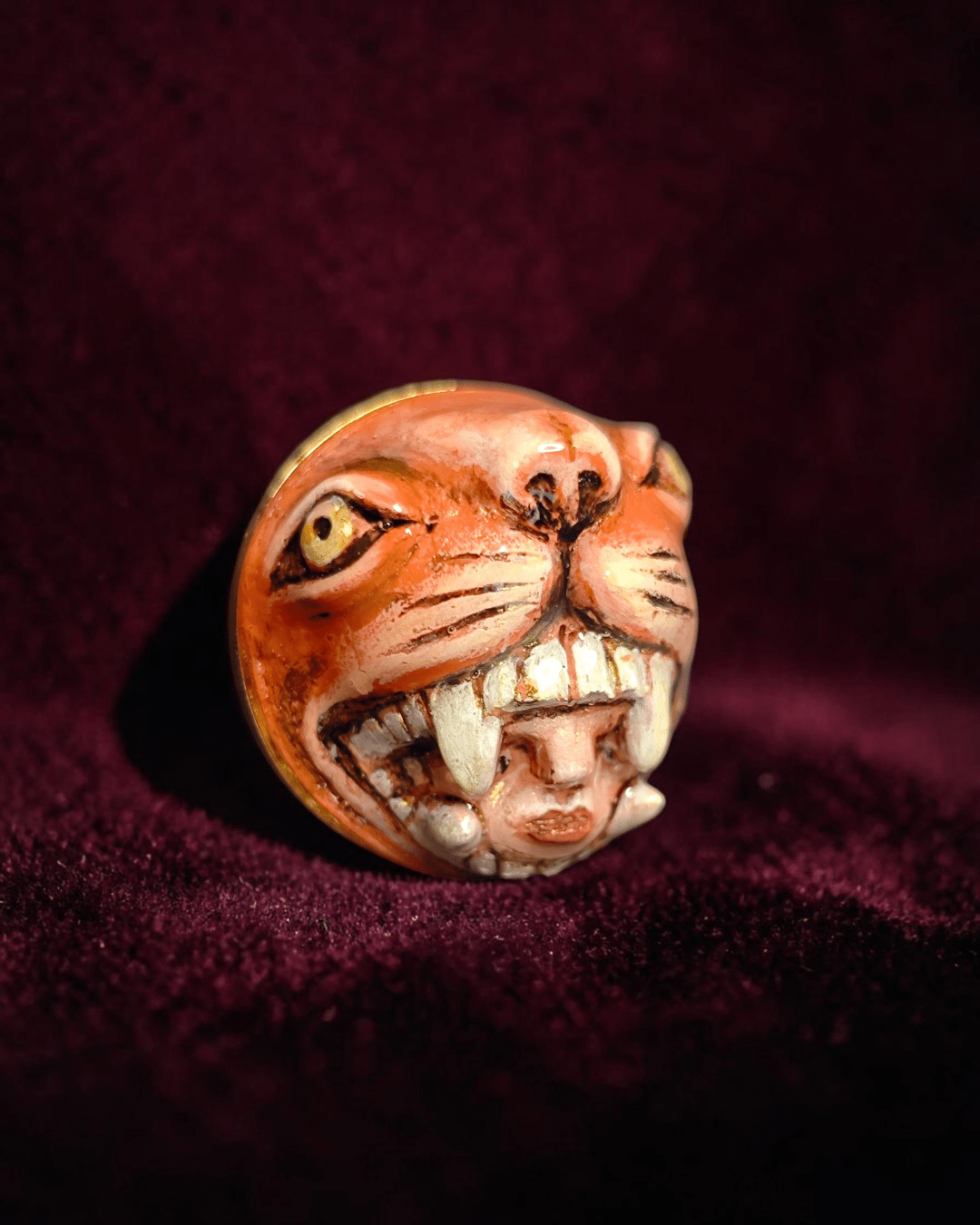 Head in Tiger’s Mouth Ring – Handmade Clay & Resin Surreal Statement Jewelry with Adjustable Stainless Steel Band - SAMA