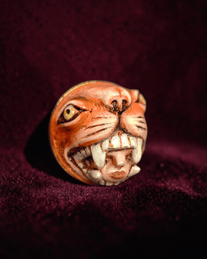 Head in Tiger’s Mouth Ring – Handmade Clay & Resin Surreal Statement Jewelry with Adjustable Stainless Steel Band - SAMA