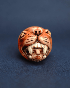 Head in Tiger’s Mouth Ring – Handmade Clay & Resin Surreal Statement Jewelry with Adjustable Stainless Steel Band - SAMA