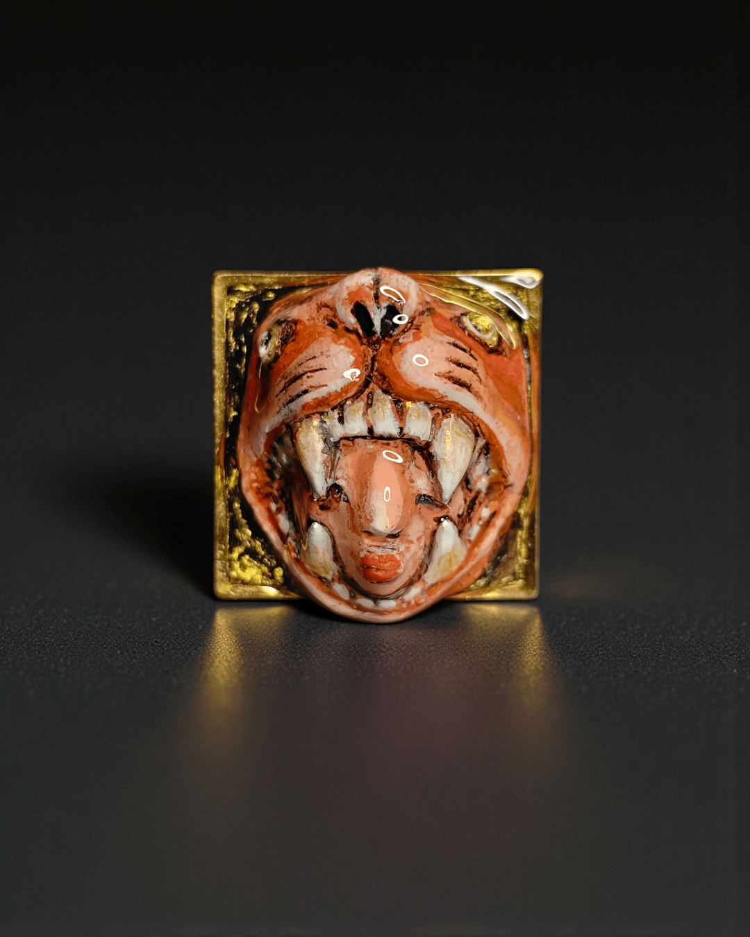 Head in Tiger’s Mouth Ring – Handmade Clay & Resin Surreal Statement Jewelry with Adjustable Stainless Steel Band OOAK - SAMA
