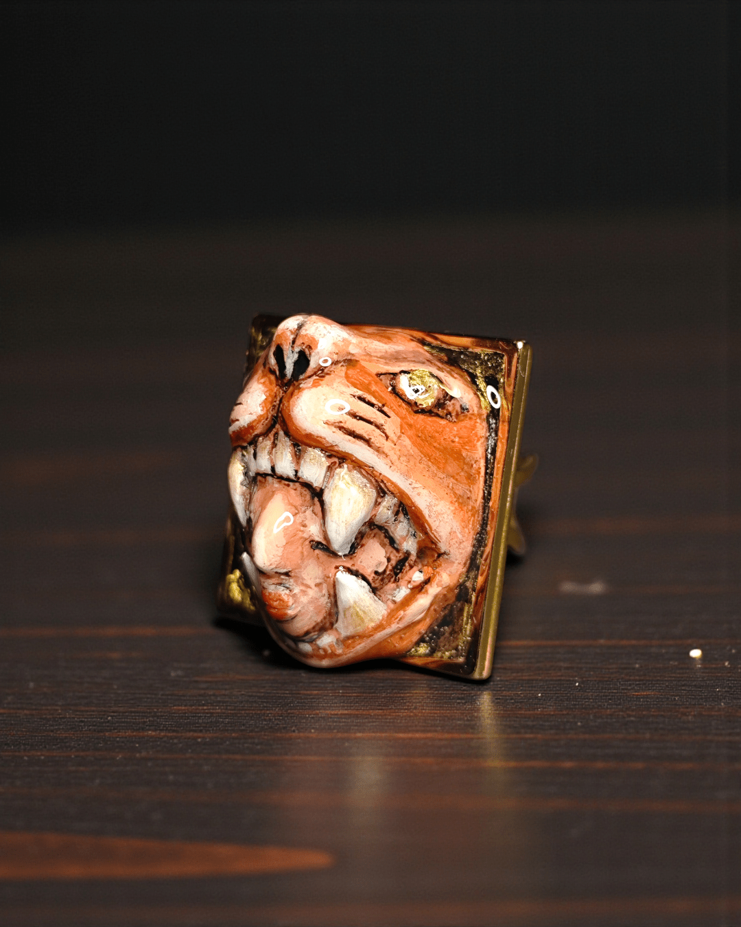 Head in Tiger’s Mouth Ring – Handmade Clay & Resin Surreal Statement Jewelry with Adjustable Stainless Steel Band OOAK - SAMA
