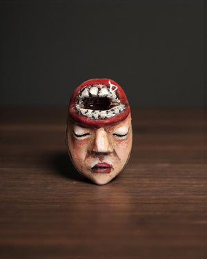 Head with Mouth Opening Ring – Handmade Clay & Resin Surreal Statement Jewelry, Sculptural Dark Fantasy Wearable Art with Sterling Silver S9
