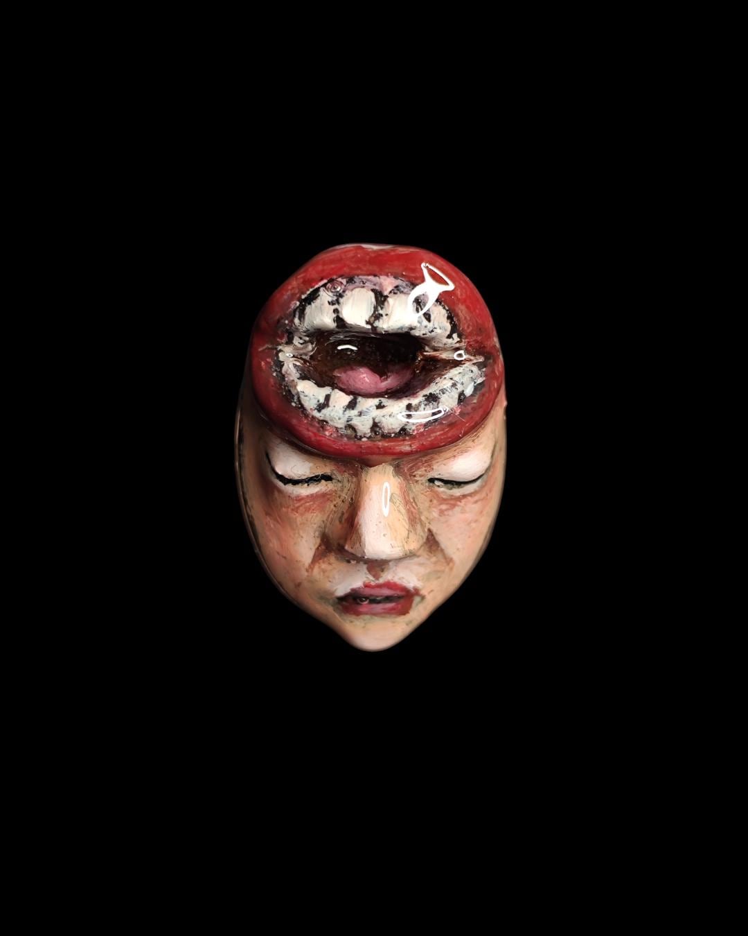Head with Mouth Opening Ring – Handmade Clay & Resin Surreal Statement Jewelry, Sculptural Dark Fantasy Wearable Art with Sterling Silver S9
