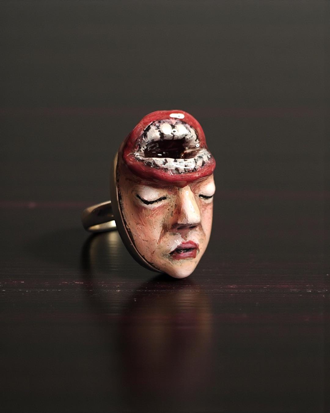 Head with Mouth Opening Ring – Handmade Clay & Resin Surreal Statement Jewelry, Sculptural Dark Fantasy Wearable Art with Sterling Silver S9