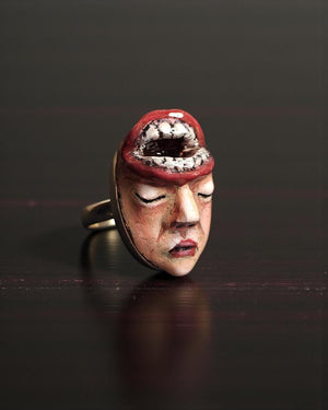 Head with Mouth Opening Ring – Handmade Clay & Resin Surreal Statement Jewelry, Sculptural Dark Fantasy Wearable Art with Sterling Silver S9