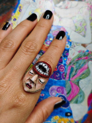 Head with Mouth Opening Ring – Handmade Clay & Resin Surreal Statement Jewelry, Sculptural Dark Fantasy Wearable Art with Sterling Silver S9