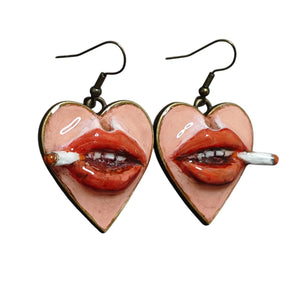 Heart Cigar Earrings – Handmade Clay & Resin Surreal Statement Jewelry, Sculptural Wearable Art with Zinc Alloy Hooks