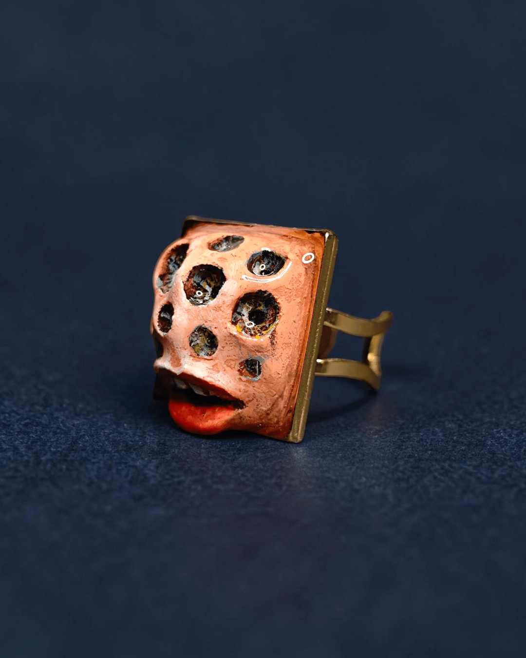 Hole Face Monster Ring – Handmade Clay & Resin Surreal Statement Jewelry with Adjustable Stainless Steel Band - SAMA
