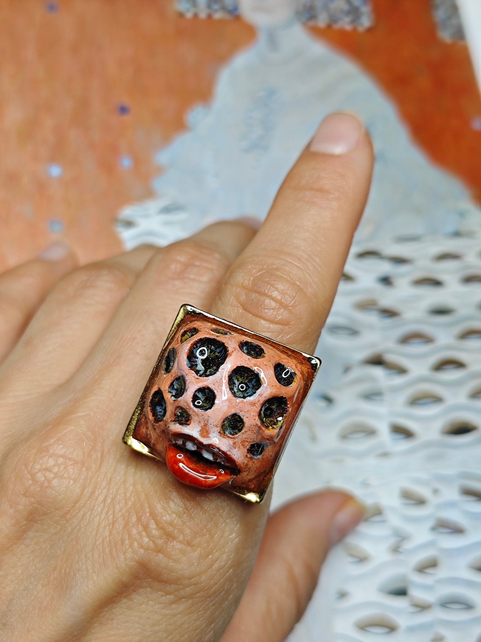 Hole Face Monster Ring – Handmade Clay & Resin Surreal Statement Jewelry with Adjustable Stainless Steel Band - SAMA
