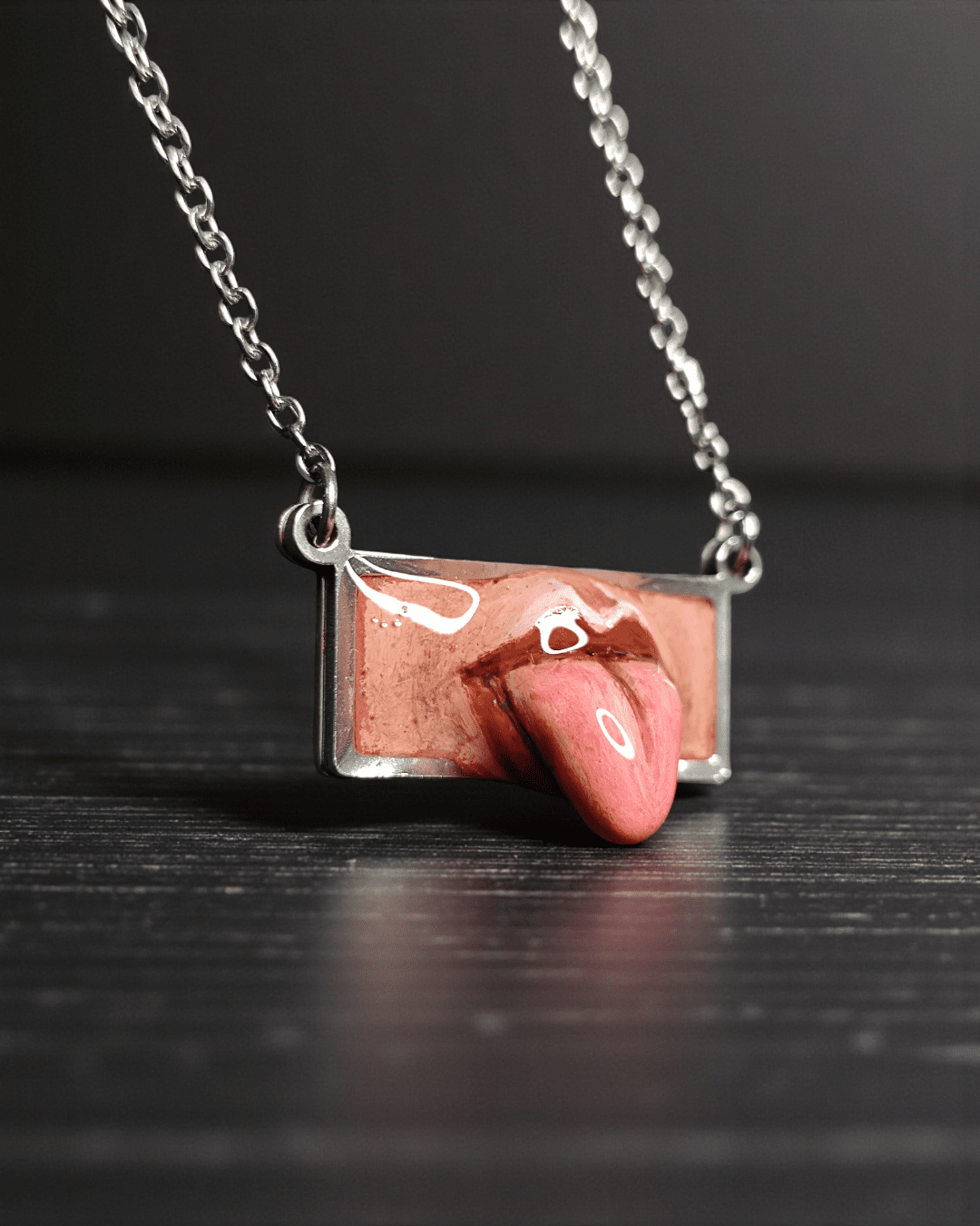 Horizontal Tongue Coming Out Necklace – Handmade Clay & Resin Surreal Statement Jewelry, Sculptural Fantasy Wearable Art with Stainless Steel Chain / Pendant - SAMA