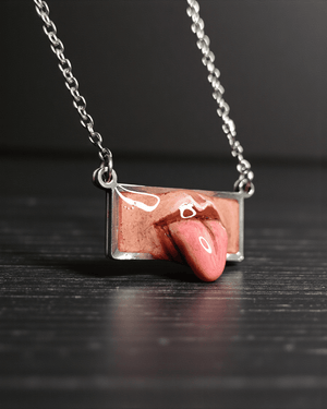 Horizontal Tongue Coming Out Necklace – Handmade Clay & Resin Surreal Statement Jewelry, Sculptural Fantasy Wearable Art with Stainless Steel Chain / Pendant - SAMA