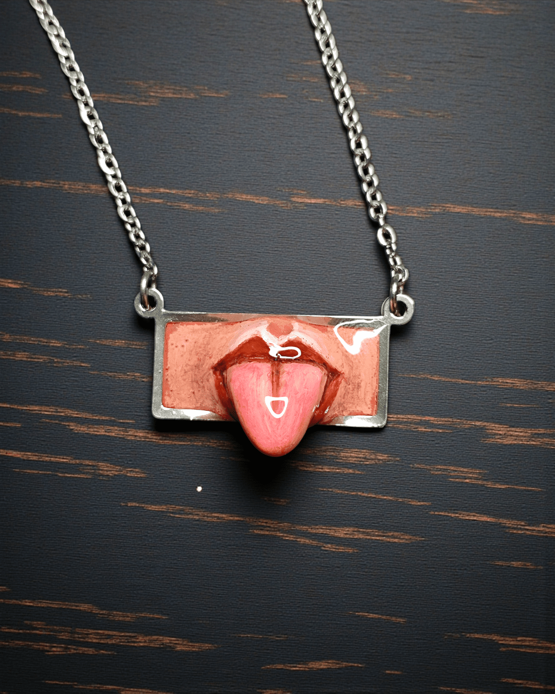 Horizontal Tongue Coming Out Necklace – Handmade Clay & Resin Surreal Statement Jewelry, Sculptural Fantasy Wearable Art with Stainless Steel Chain / Pendant - SAMA