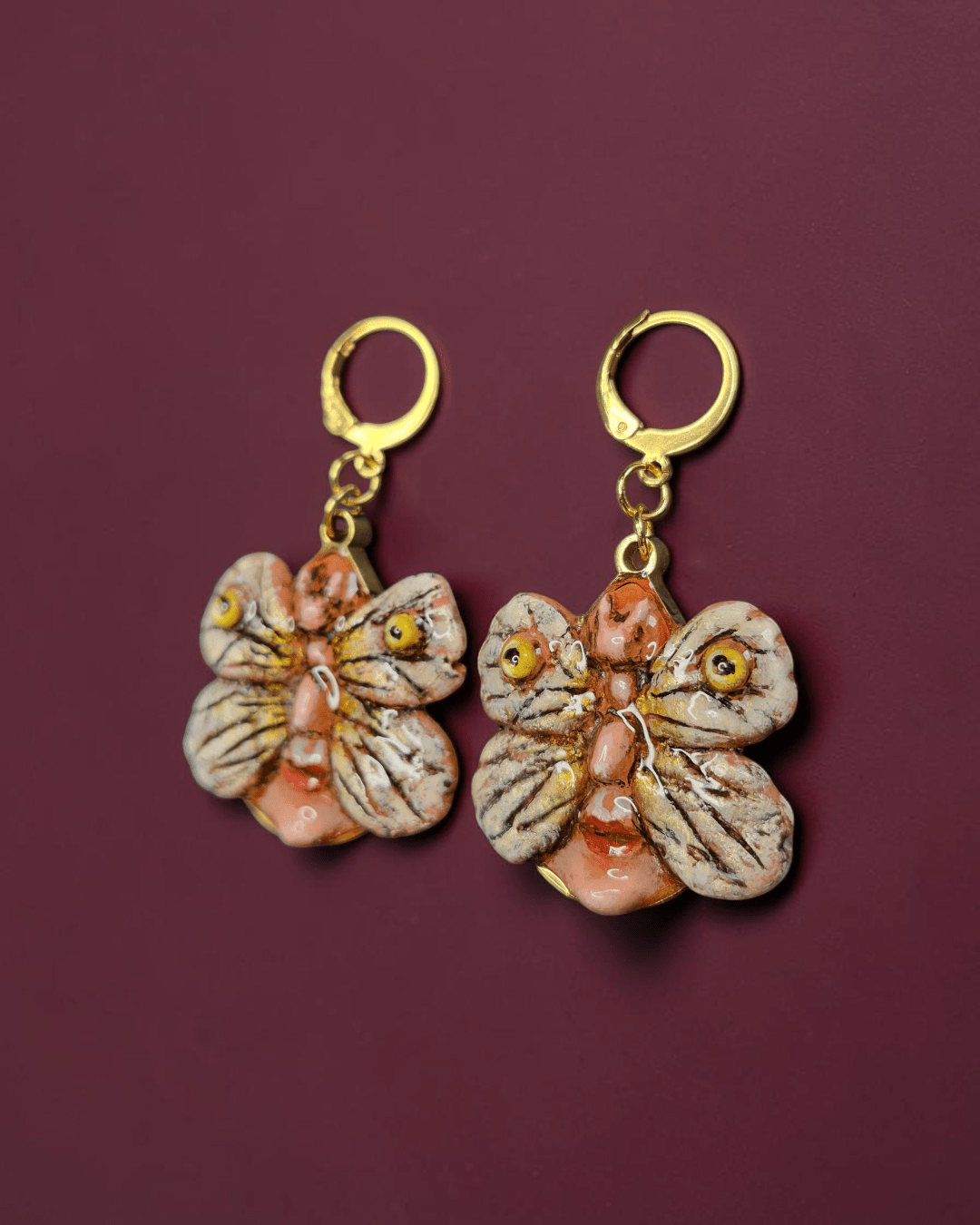 Human Butterfly Face Earrings – Handmade Clay & Resin Surreal Statement Jewelry, Sculptural Wearable Art with Stainless Steel Hooks - SAMA