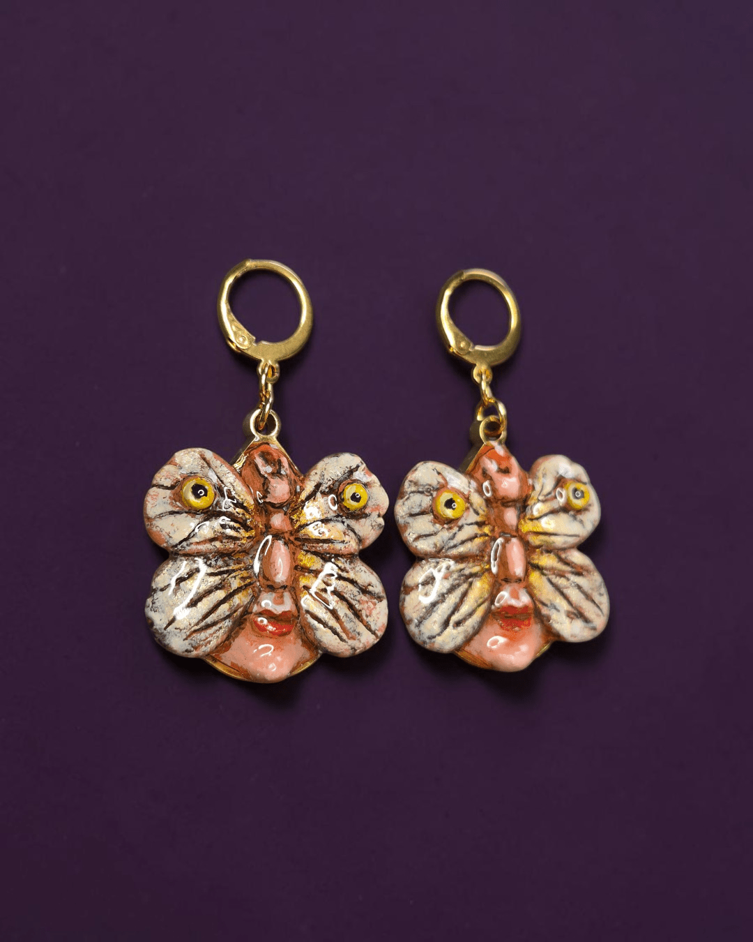 Human Butterfly Face Earrings – Handmade Clay & Resin Surreal Statement Jewelry, Sculptural Wearable Art with Stainless Steel Hooks - SAMA
