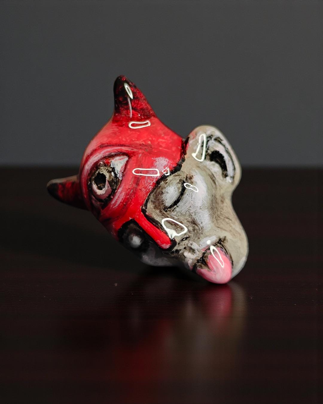 Human Face with Tongue Out, Horns & Third Eye Ring – Handmade Clay and Resin Surreal Statement Jewelry, Sculptural Fantasy Wearable Art with