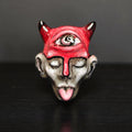 Human Face with Tongue Out, Horns & Third Eye Ring – Handmade Clay and Resin Surreal Statement Jewelry, Sculptural Fantasy Wearable Art with