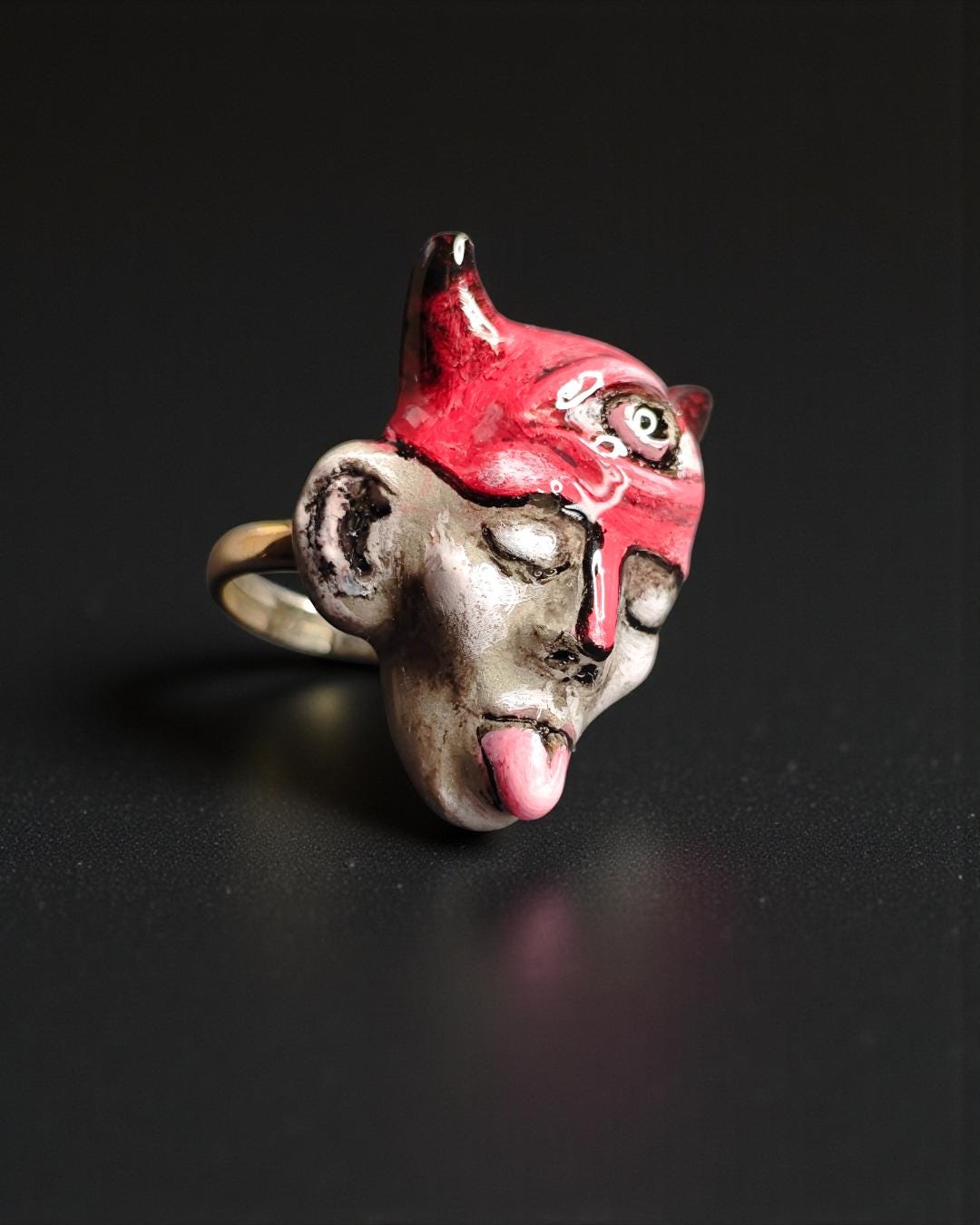 Human Face with Tongue Out, Horns & Third Eye Ring – Handmade Clay and Resin Surreal Statement Jewelry, Sculptural Fantasy Wearable Art with