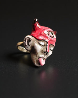 Human Face with Tongue Out, Horns & Third Eye Ring – Handmade Clay and Resin Surreal Statement Jewelry, Sculptural Fantasy Wearable Art with