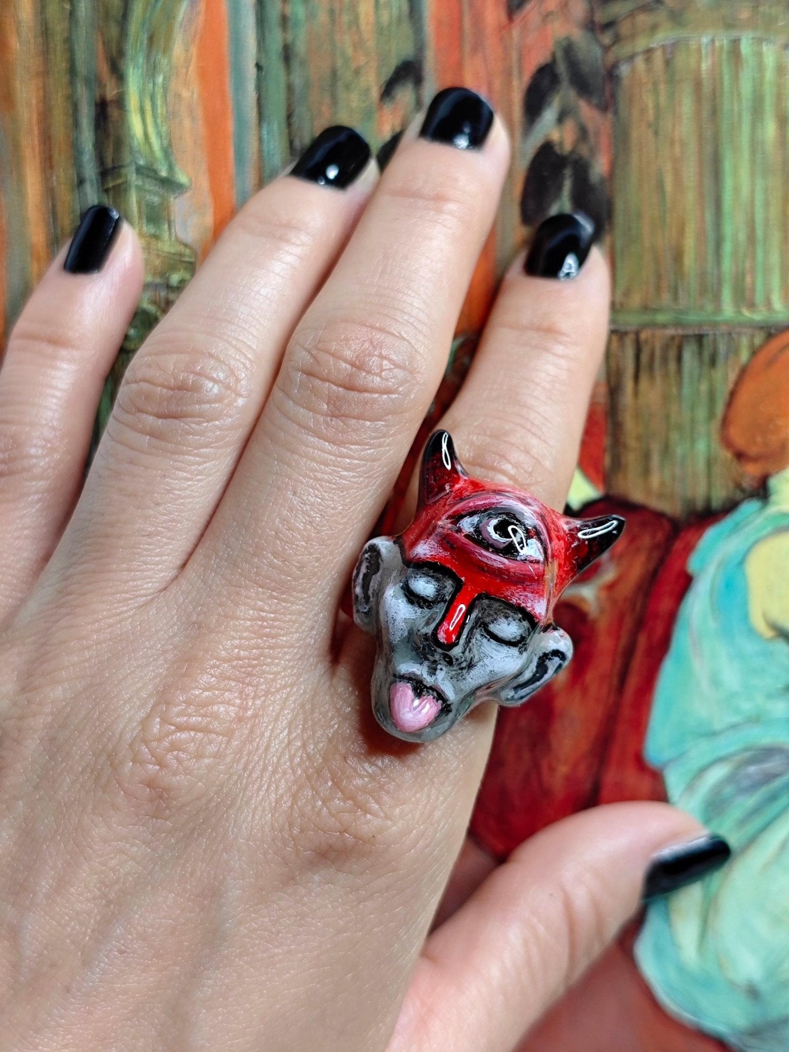 Human Face with Tongue Out, Horns & Third Eye Ring – Handmade Clay and Resin Surreal Statement Jewelry, Sculptural Fantasy Wearable Art with