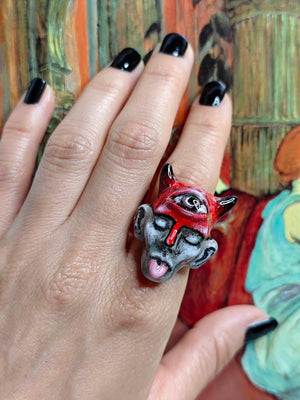 Human Face with Tongue Out, Horns & Third Eye Ring – Handmade Clay and Resin Surreal Statement Jewelry, Sculptural Fantasy Wearable Art with