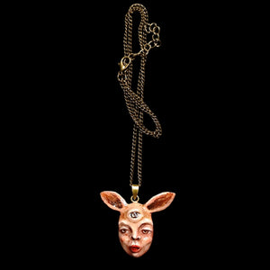 Human Rabbit Chimera Necklace – Handmade Clay Surreal Statement Jewelry, Sculptural Fantasy Wearable Art with Brass Pendant / Chain OOAK