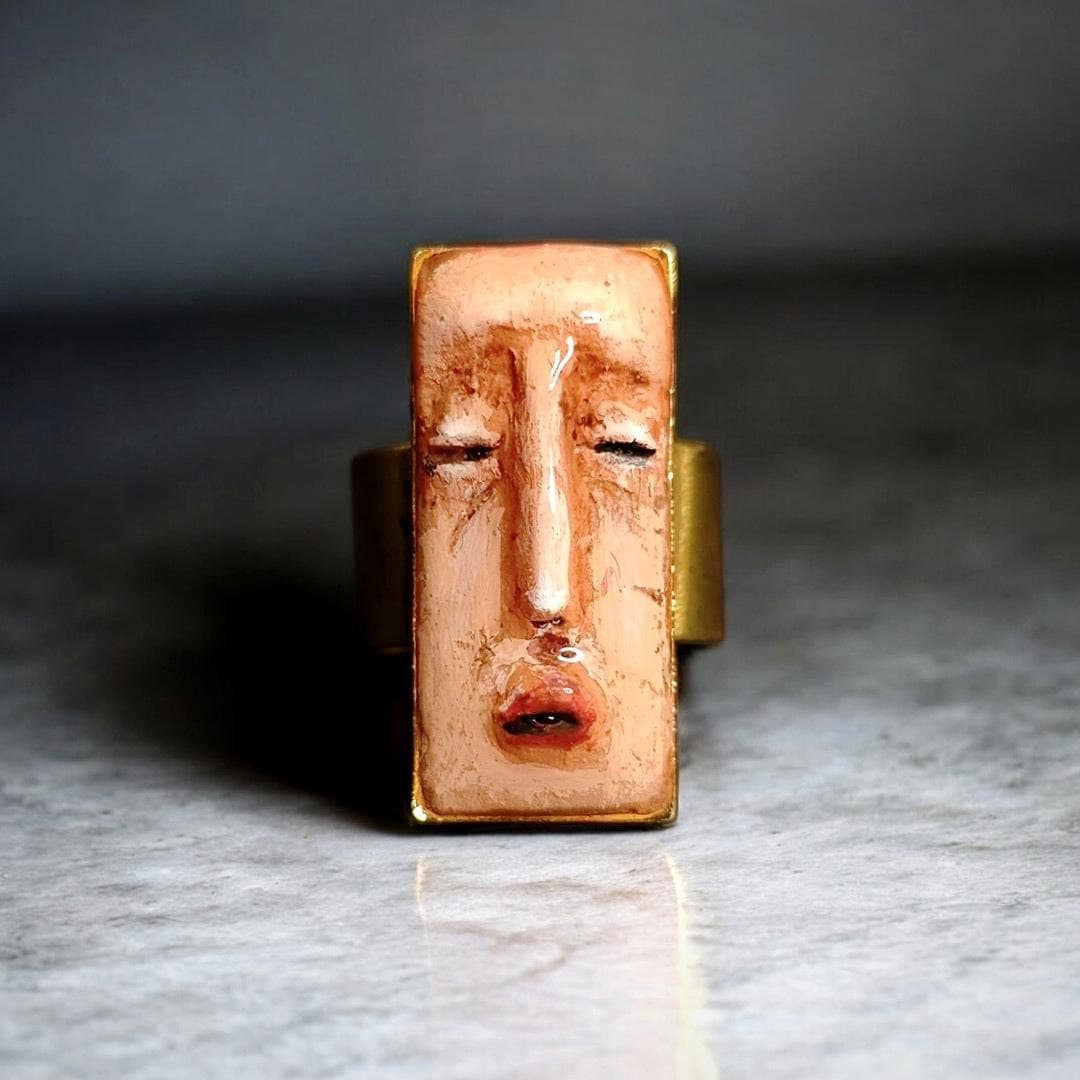 Closed Eyes Ring – Handmade Clay & Resin Surreal Statement Jewelry, Sculptural Wearable Art on Adjustable Copper Zinc Alloy Band OOAK