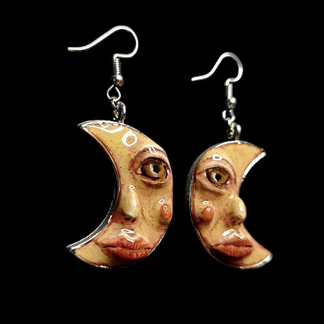 Lady Moon Earrings – Handmade Clay & Resin Surreal Statement Jewelry, Sculptural Wearable Art with Zinc Alloy Hooks OOAK