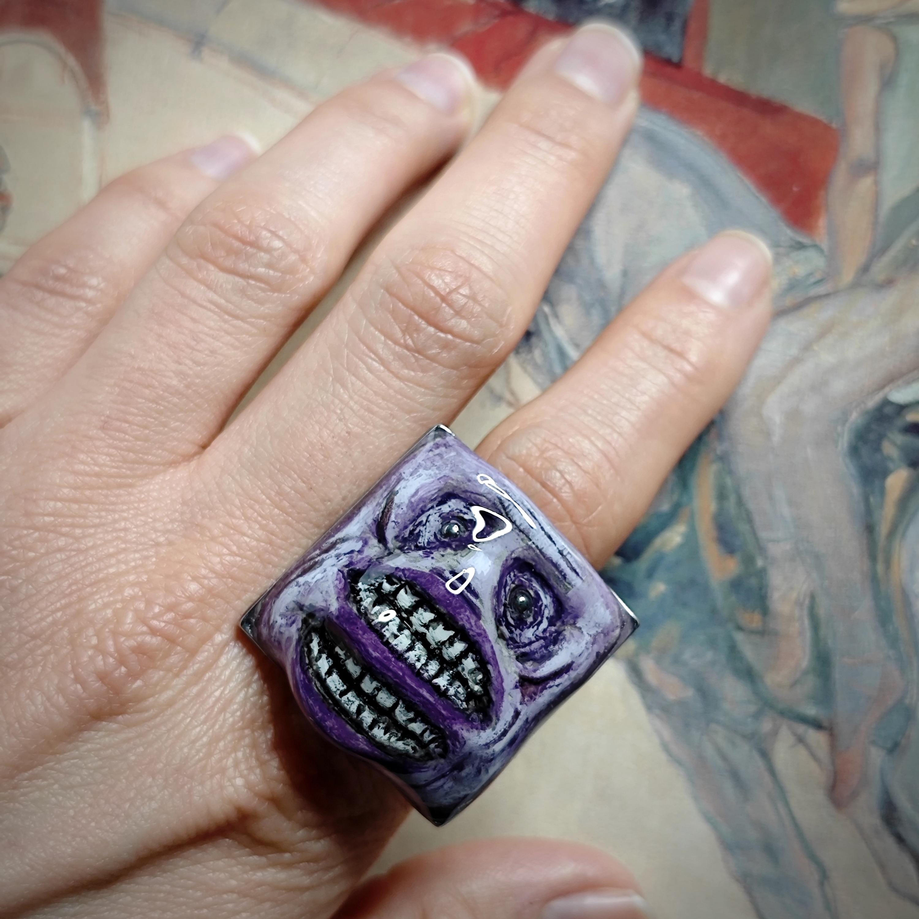 Two Mouths Monster Ring – Handmade Clay & Resin Dark Surreal Statement Jewelry, Sculptural Fantasy Wearable Art on Stainless Steel Band OOAK