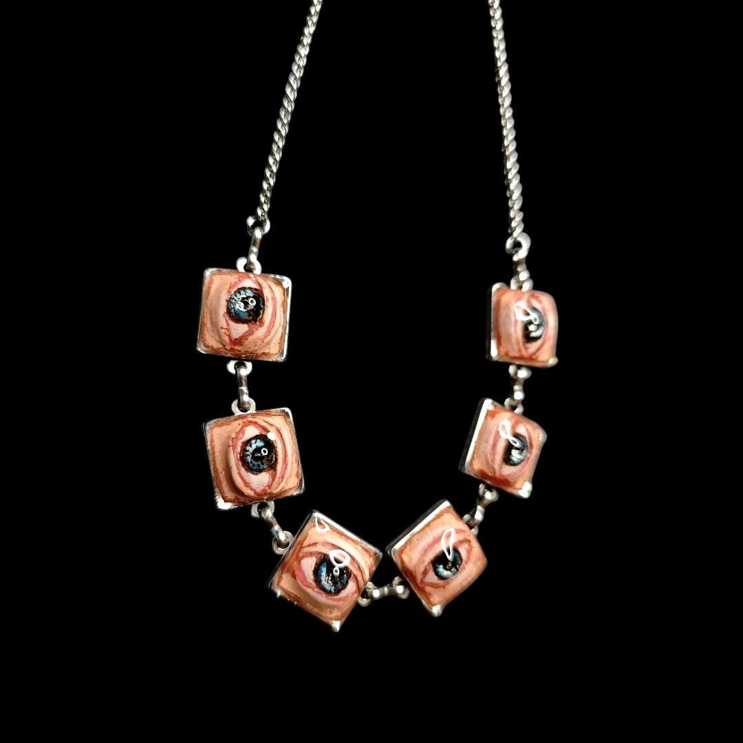 Six Eyes Necklace – Handmade Clay & Resin Surreal Statement Jewelry, Sculptural Fantasy Wearable Art with Stainless Steel Pendant / Chain