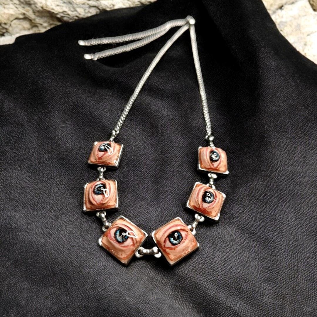 Six Eyes Necklace – Handmade Clay & Resin Surreal Statement Jewelry, Sculptural Fantasy Wearable Art with Stainless Steel Pendant / Chain