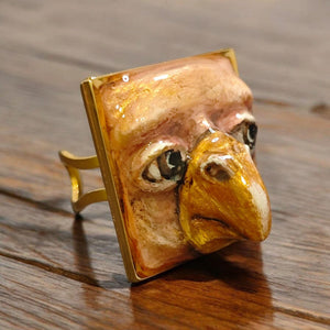Human Eagle Chimera Ring – Handmade Clay Surreal Statement Jewelry, Sculptural Fantasy Wearable Art, Adjustable Stainless Steel Band OOAK