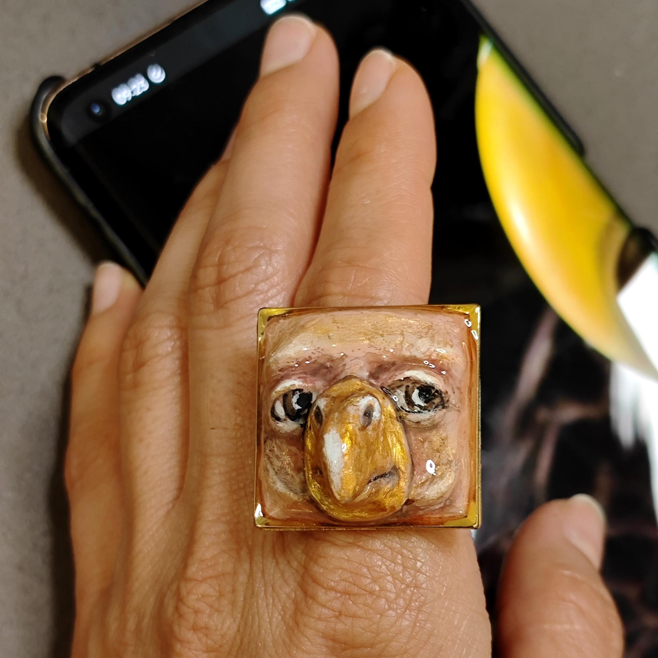 Human Eagle Chimera Ring – Handmade Clay Surreal Statement Jewelry, Sculptural Fantasy Wearable Art, Adjustable Stainless Steel Band OOAK