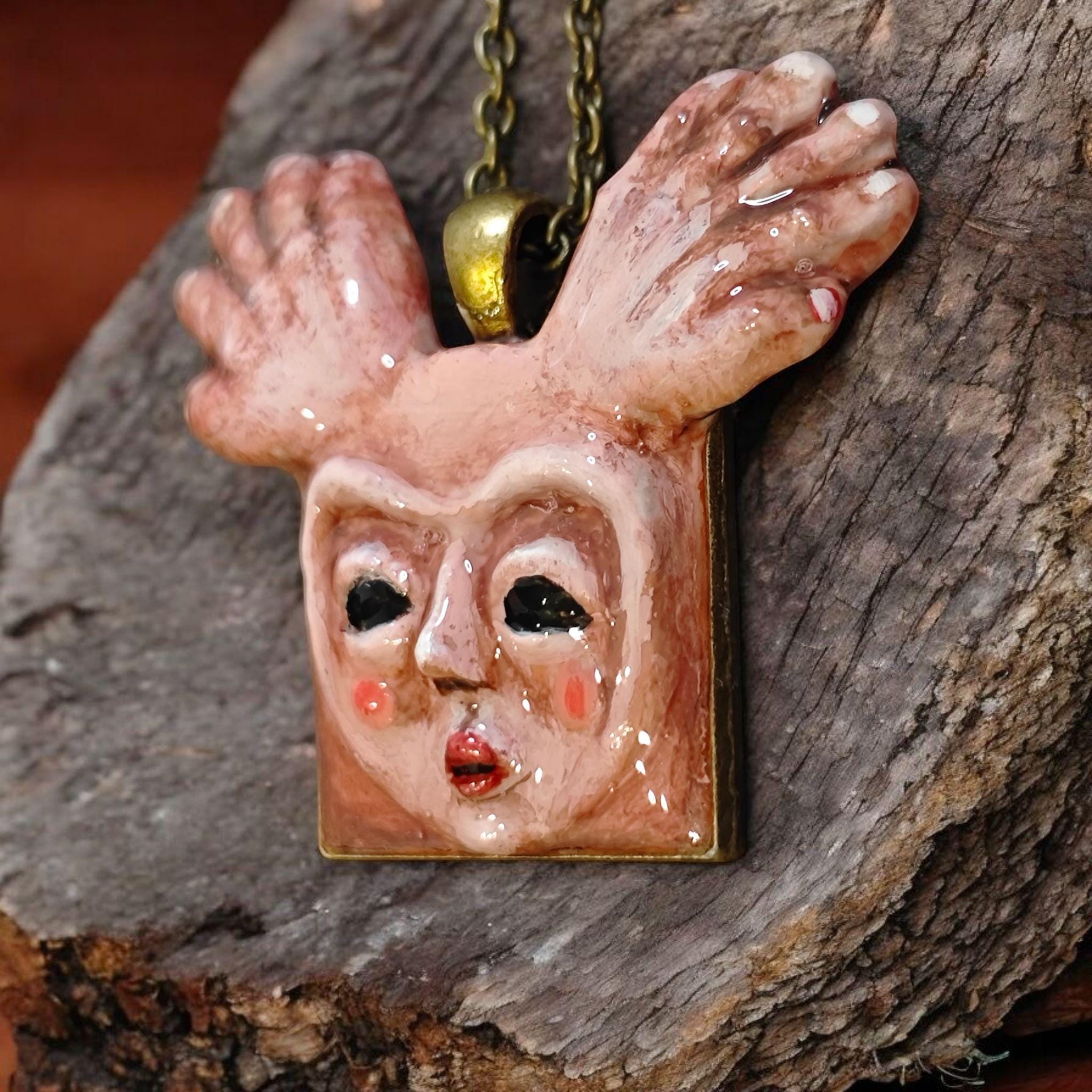 Human Deer Chimera Necklace – Handmade Clay Resin Surreal Statement Jewelry, Sculptural Fantasy Wearable Art with Alloy Pendant / Chain OOAK