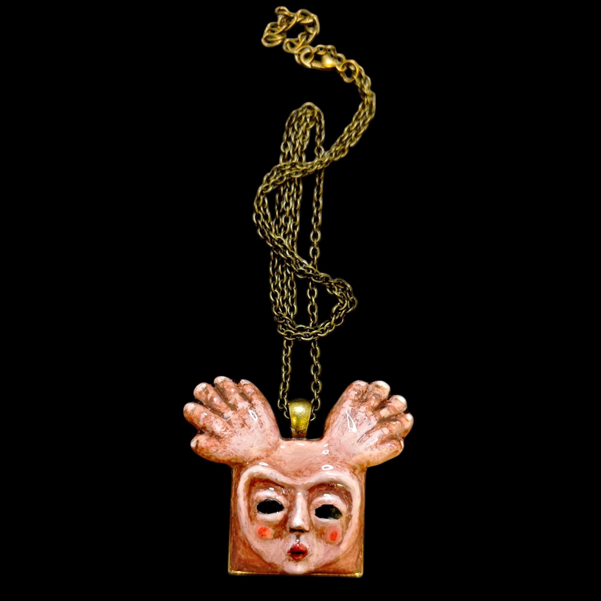Human Deer Chimera Necklace – Handmade Clay Resin Surreal Statement Jewelry, Sculptural Fantasy Wearable Art with Alloy Pendant / Chain OOAK