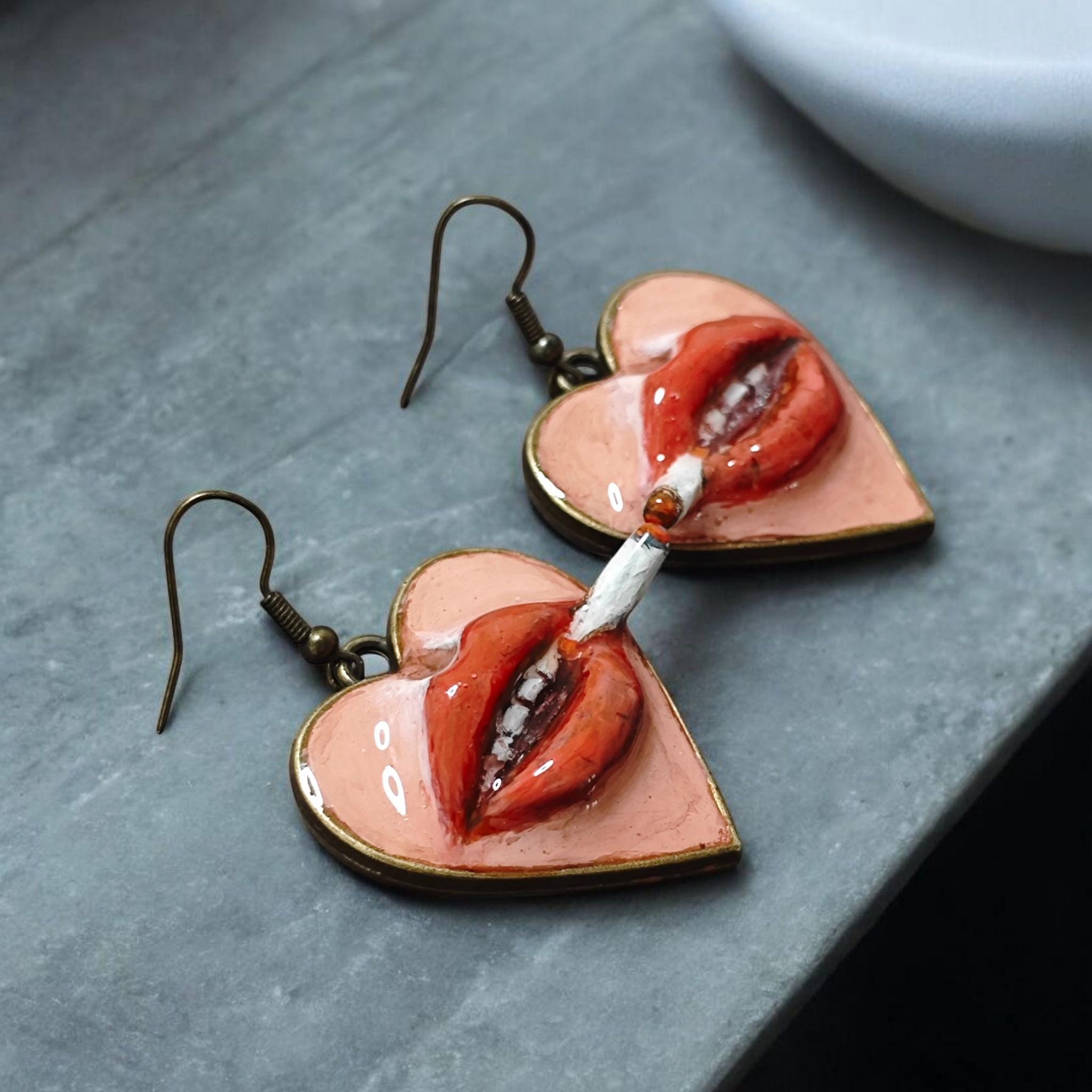 Heart Cigar Earrings – Handmade Clay & Resin Surreal Statement Jewelry, Sculptural Wearable Art with Zinc Alloy Hooks